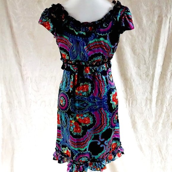 TODAY ONLY! VTG Y2K Betsey Johnson 100% Silk Multicolor Ruffled Dress - Picture 3 of 4